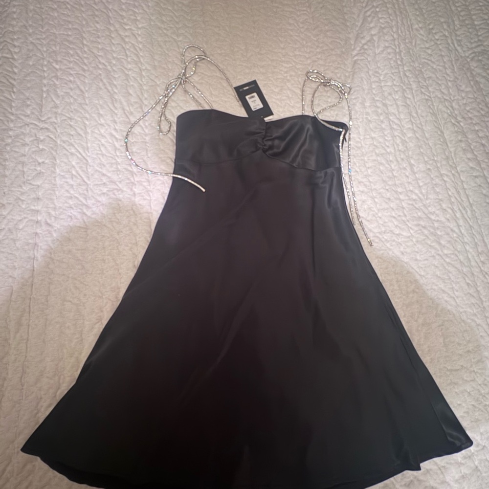 Fashion Nova Black Satin Dress with Sparkly Silver Straps